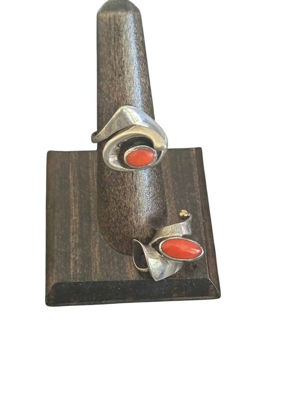 Vintage Sterling Silver Coral Ring & Pendant Set Modernist Jewelry